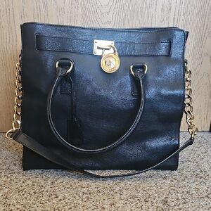 Michael Kors Black Leather Tote Bag with Gold Accents